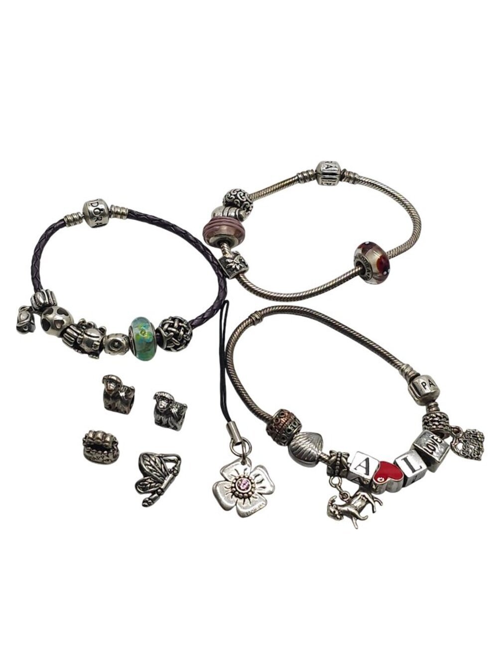 Pandora Charm Bracelet Sets Sterling Silver Beads Flower Dog And "Happy" Charm